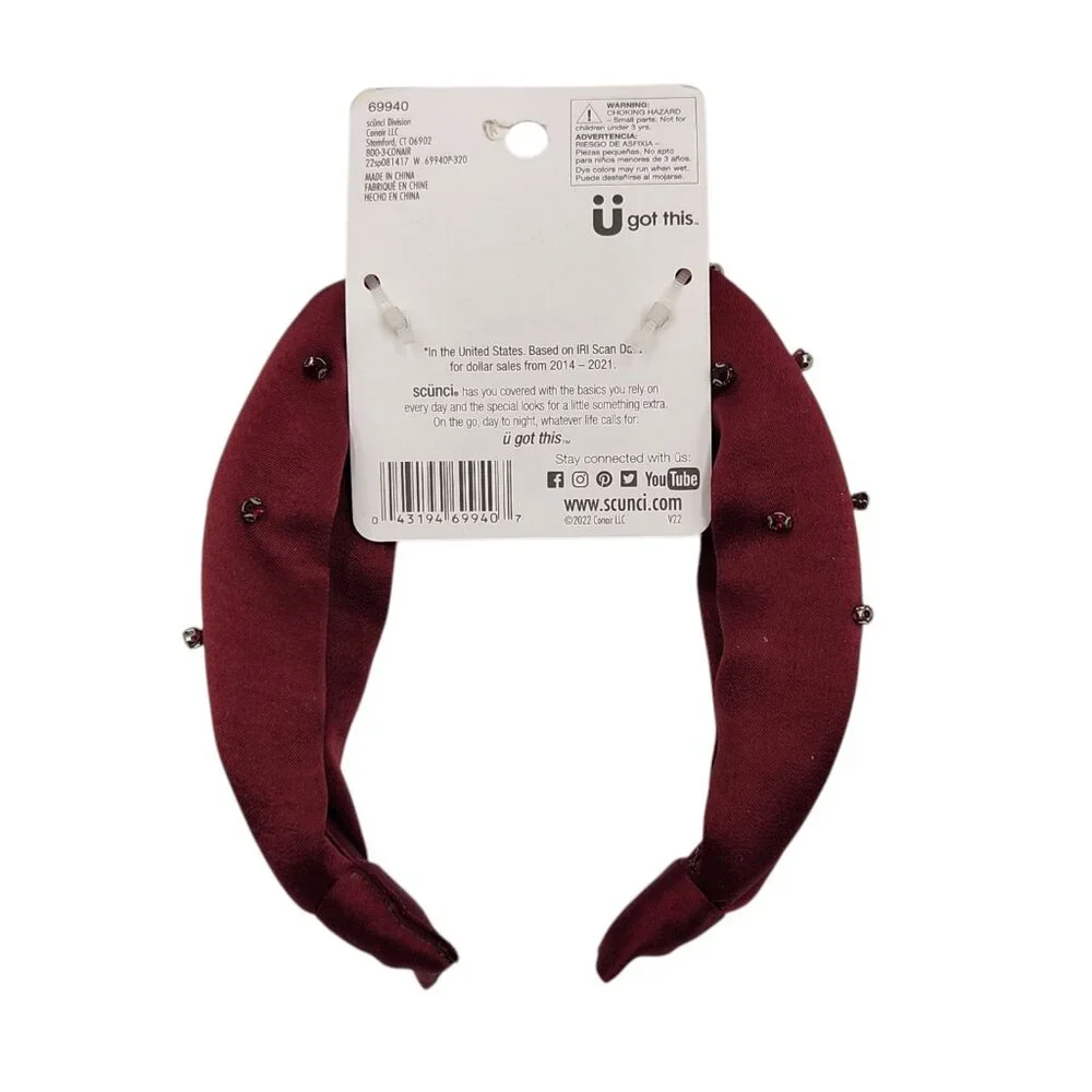 Scunci Hair Headband‎ Womens 1 Pc Red Deep Rose Color Jewels Satin Fabric